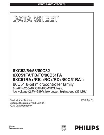 PHILIPS 8XC52/54/58/80C32 8XC51FA/FB/FC/80C51FA 8XC51RA+/RB+/RC+/RD+/80C51RA + 80C51 8-bit microcontroller - cover page