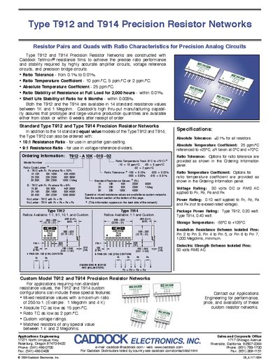 Caddock Electronics T912/T914 Precision Resistor Networks Datasheet