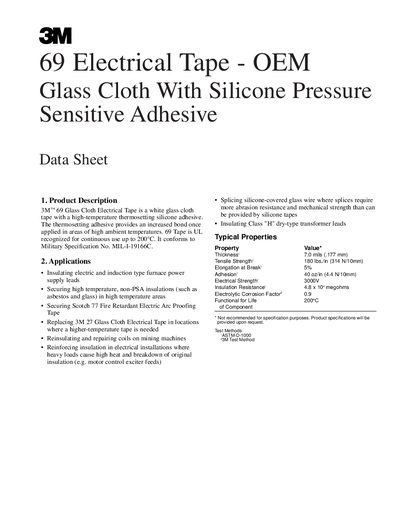3M 69 Electrical Tape Data Sheet - cover page