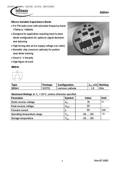 Infineon BB844 Silicon Variable Capacitance Diode Datasheet - cover page