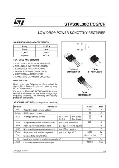 STMicroelectronics STPS30L30CT/CG/CR Schottky Rectifier Datasheet - cover page