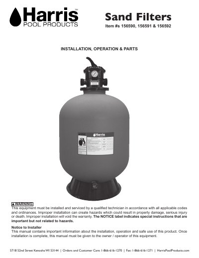 HarrisPoolProducts Sand Filters Installation Operation and Parts Manual - cover page
