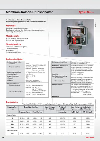 C Barksdale E1H-... Membrane Piston Pressure Switch Datasheet - cover page