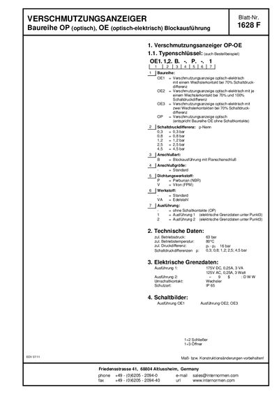 INTERNORMEN OP/OE Series Contamination Indicator Technical Data Sheet - cover page