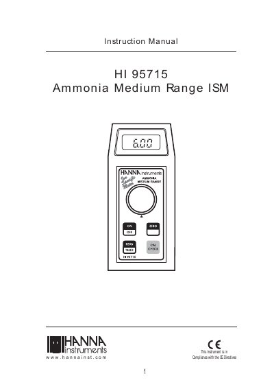 Hanna Instruments HI 95715 Ammonia Medium Range ISM Instruction Manual - cover page