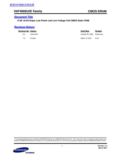 Samsung K6F4008U2E Family CMOS SRAM Datasheet - cover page