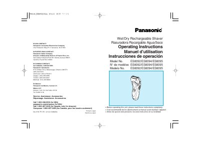 Panasonic ES8092/ES8094/ES8095 WetDry Rechargeable Shaver Operating Instructions - cover page