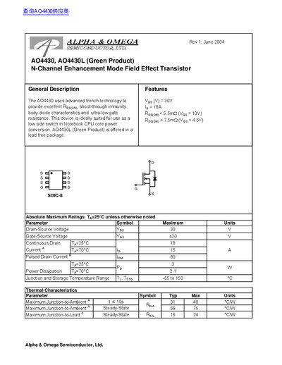Alpha & Omega AO4430/AO4430L N-Channel Enhancement Mode Field Effect Transistor Datasheet - cover page