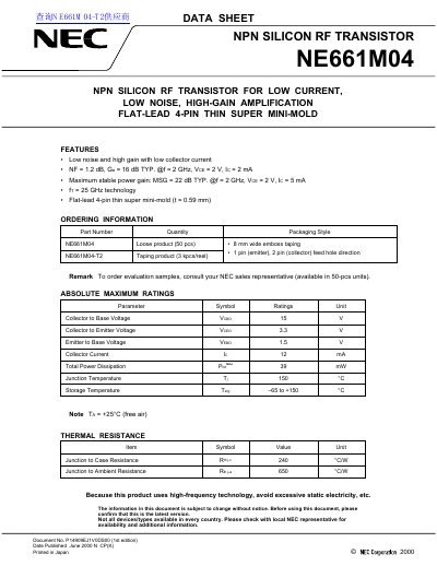 NEC NE661M04 NPN Silicon RF Transistor Datasheet