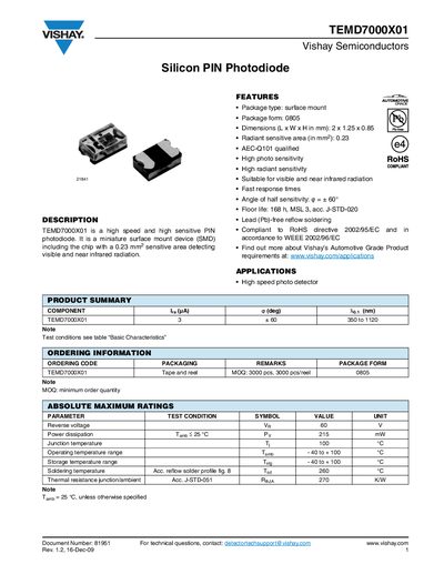 Vishay TEMD7000X01 Silicon PIN Photodiode Datasheet - cover page