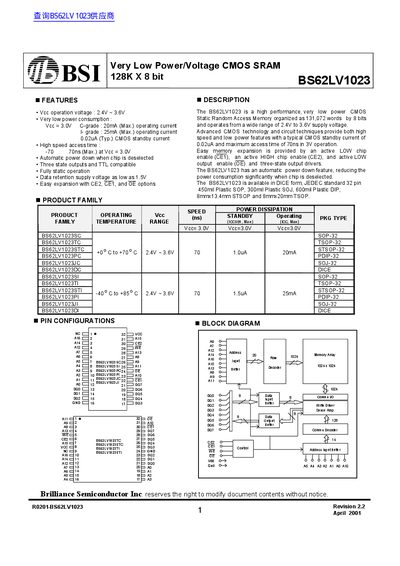 Brilliance Semiconductor BS62LV1023 SRAM Datasheet - cover page