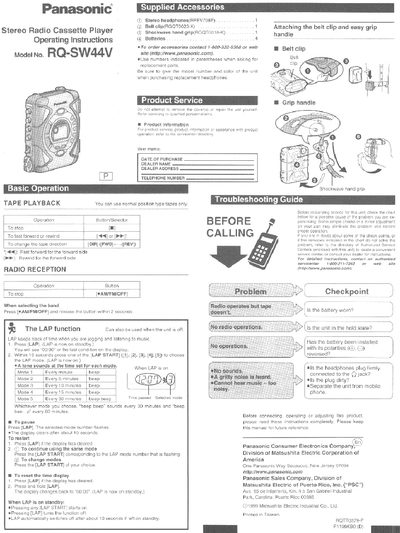 Panasonic RQ-SW44V Stereo Radio Cassette Player Operating Instructions - cover page