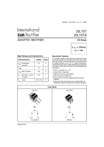 International Rectifier 20L15T/20L15TS Schottky Rectifier Datasheet - cover page