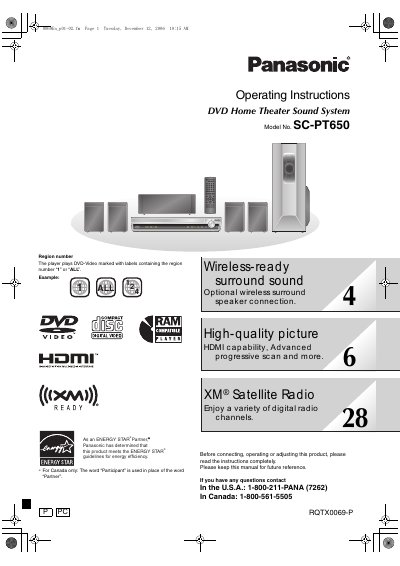 Panasonic SC-PT650 DVD Home Theater Sound System Operating Instructions - cover page