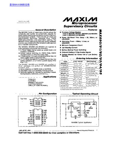 Maxim MAX690/91/92/93/94/95 Microprocessor Supervisory Circuits Datasheet