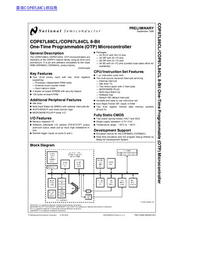 National Semiconductor COP87L88CL/COP87L84CL 8-Bit OTP Microcontroller Datasheet - cover page