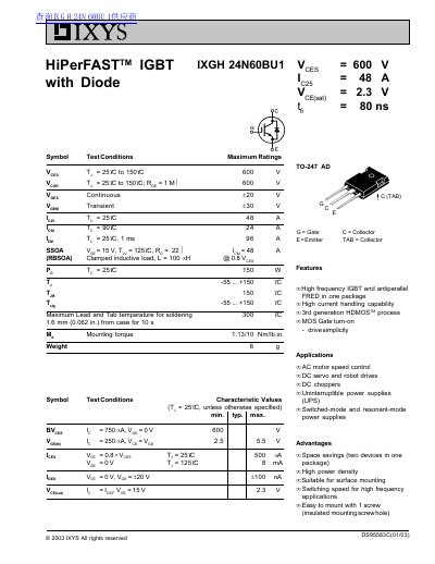 IXYS IXGH24N60BU1 HiPerFAST IGBT with Diode Datasheet - cover page