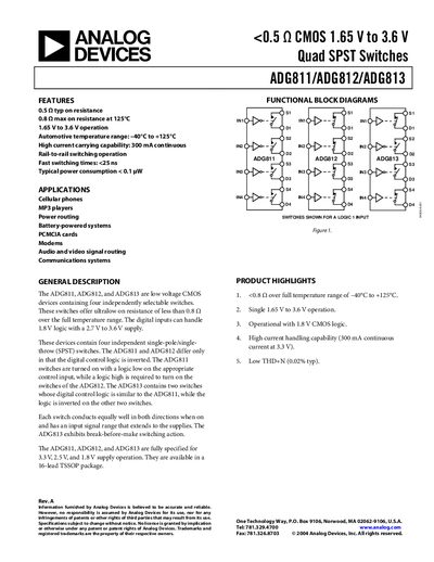 Analog Devices ADG811/ADG812/ADG813 Quad SPST Switches Datasheet