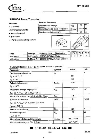 Infineon SPP30N03 Power Transistor Datasheet - cover page