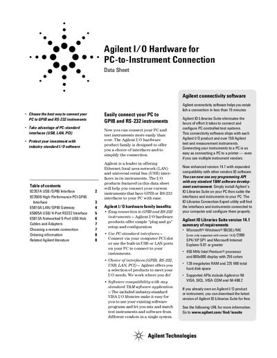 Agilent I/O Hardware Data Sheet - cover page