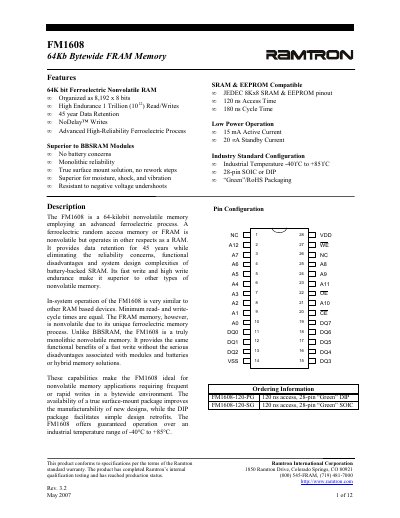Ramtron FM1608 64Kb Bytewide FRAM Memory Datasheet - cover page