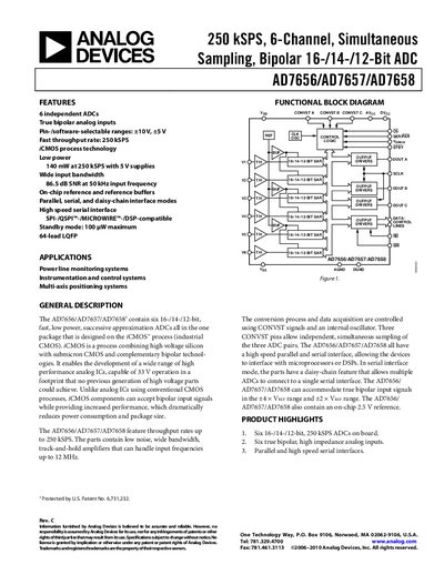 ANALOG DEVICES 250 kSPS 6-Channel Simultaneous Sampling Bipolar 16-/14-/12-Bit ADC AD7656/AD7657/AD7658 Manual - cover page