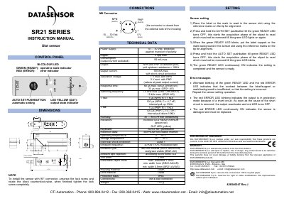 Datasensor SR21 Series Slot Sensor Instruction Manual - cover page