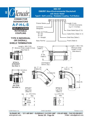 Glenair 380-107 Non-Environmental Backshell with Strain Relief Type D – Self-Locking Rotatable Coupling - cover page