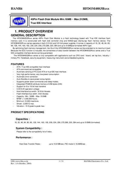 HANBit HFDOM40S3Rxxx Series 40Pin Flash Disk Module Datasheet - cover page