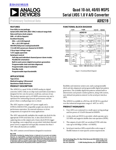Analog Devices AD9219 Quad 10-bit A/D Converter Datasheet - cover page