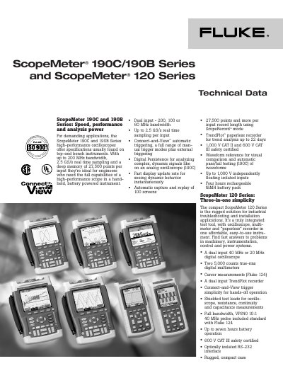 Fluke ScopeMeter 190C/190B and 120 Series Product Data Sheet - cover page