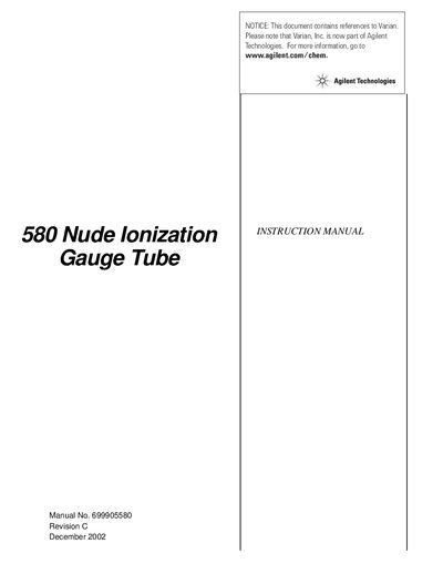 Varian 580 Nude Ionization Gauge Tube Instruction Manual - cover page