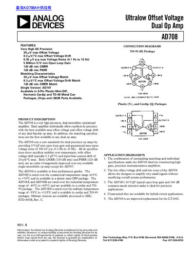 Analog Devices AD708 Ultralow Offset Voltage Dual Op Amp Datasheet - cover page