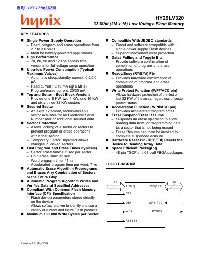 Hynix HY29LV320 32 Mbit Flash Memory Datasheet - cover page