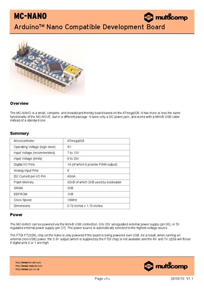 Multicomp MC-NANO Arduino Nano Compatible Development Board User Manual - cover page