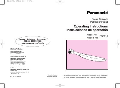 Panasonic ES2113 Facial Trimmer Operating Instructions - cover page