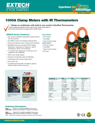 Extech EX820/EX830 Series Clamp Meter with IR Thermometer Datasheet - cover page