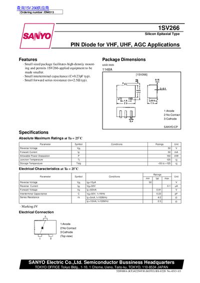 SANYO 1SV266 Silicon Epitaxial Type PIN Diode Datasheet - cover page