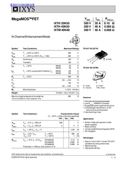 IXYS IXTH 35N30/40N30/IXTM 40N30 MOSFET Datasheet - cover page