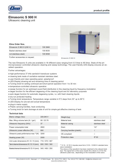 Elma S 900 H Ultrasonic Cleaning Unit Product Profile - cover page
