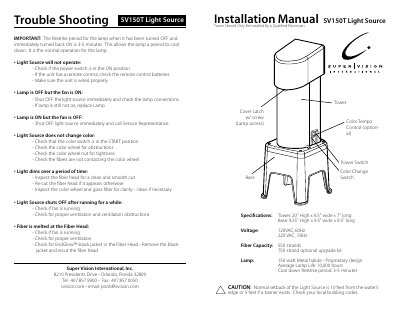 Super Vision SV150T Light Source Installation Manual - cover page