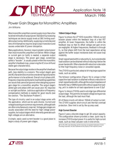 Linear Technology AN18 Power Gain Stages for Monolithic Amplifiers Application Note - cover page