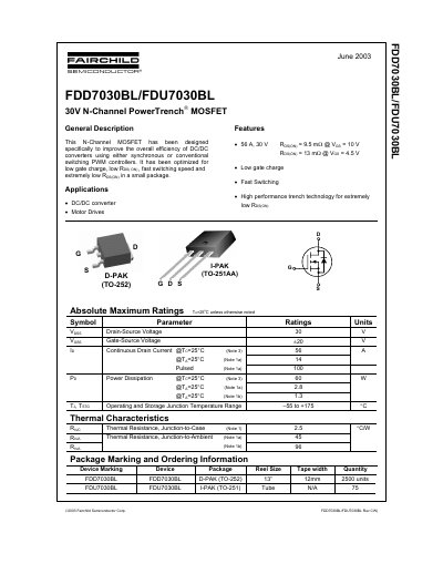 Fairchild FDD7030BL/FDU7030BL 30V N-Channel PowerTrench MOSFET Datasheet - cover page