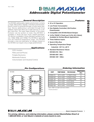 Maxim DS1805 Addressable Digital Potentiometer Datasheet - cover page