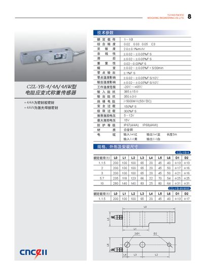 Yuyao Pacific CZL-YB-4/4A/4AW Resistance Strain Weight Sensor Manual - cover page
