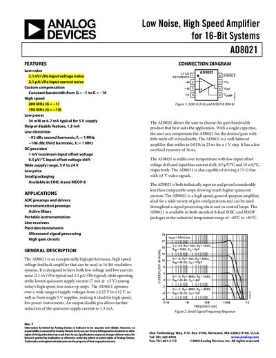 ANALOG DEVICES Low Noise High Speed Amplifier for 16-Bit Systems AD8021 handbook - cover page