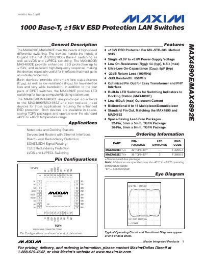 Maxim MAX4890E/MAX4892E Ethernet Switch Datasheet