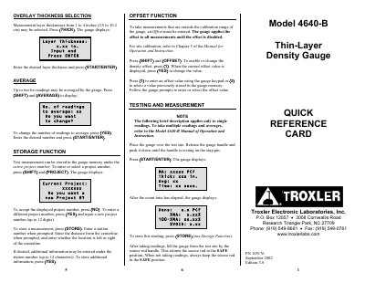 Troxler 4640-B Thin-Layer Density Gauge Quick Reference Card - cover page