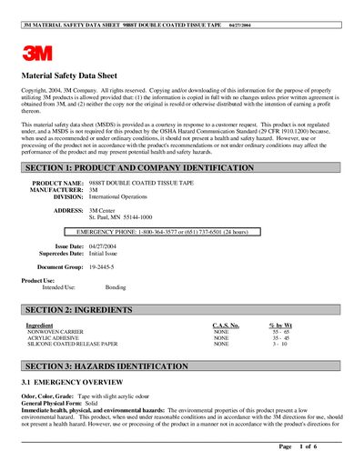 3M 9888T Double Coated Tissue Tape Material Safety Data Sheet - cover page
