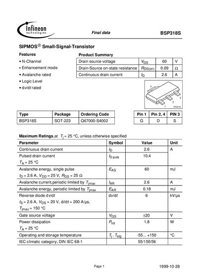 Infineon BSP318S SIPMOS Small‑Signal Transistor Datasheet - cover page